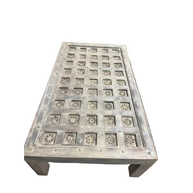 Wood Antique Lotus Carved Coffee Table – Whitewashed Rustic Wood Large Accent Table 68 For Sale - Image 7 of 9
