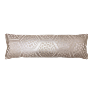 1970s Art Deco Lumbar Pillow, Warm Silver Geometric Silk With Oyster Velvet
