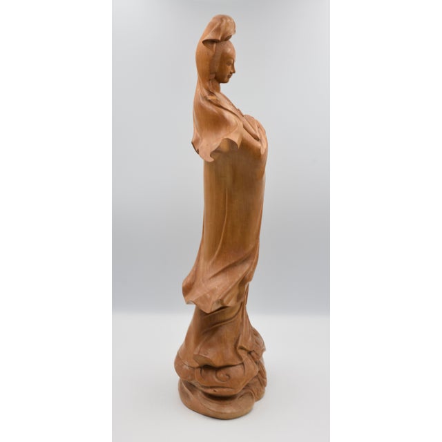 Almond Vintage Guanyin the Bodhisattva of Compassion Hand Carved Wood Statue Figure For Sale - Image 8 of 10
