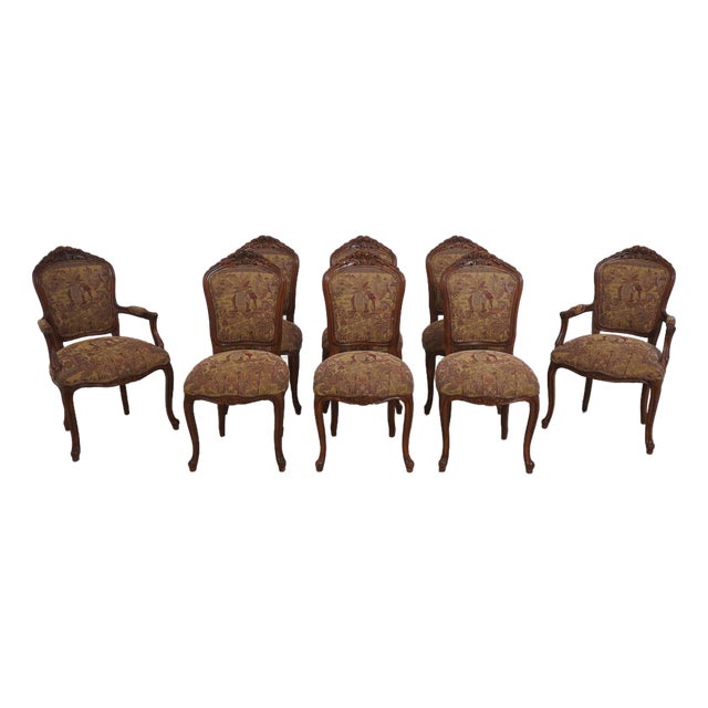Set of 8 French Style Carved Upholstered Dining Room Chairs For Sale