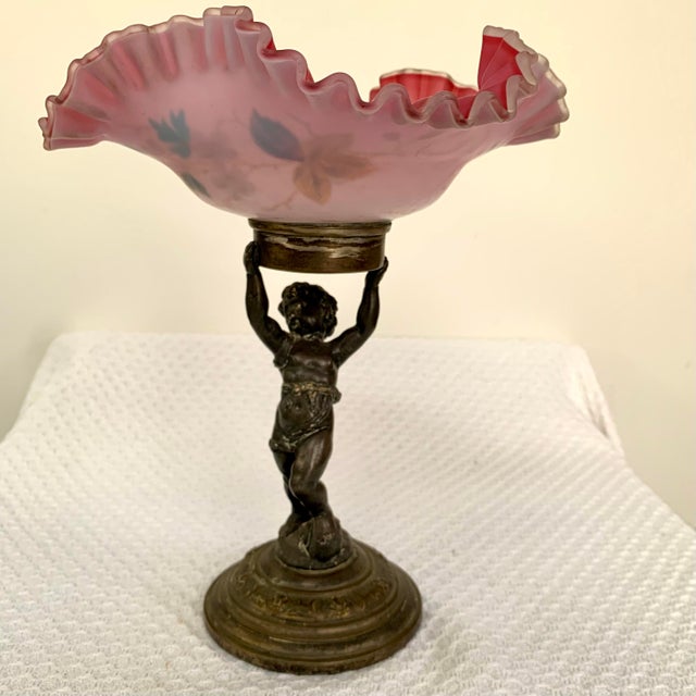 Metal Ruffled Bowl Centerpiece on Bronze Cherub Base, Victorian Bride's Bowl For Sale - Image 7 of 8