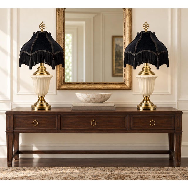 Leviton Vintage Neoclassical Cream Urn Lamps With Midnight Black Velvet Fringe Shades - a Pair For Sale - Image 4 of 11