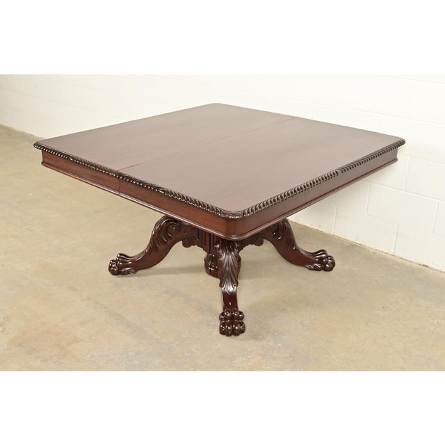 Victorian R. J. Horner Antique Victorian Carved Mahogany Split Pedestal Extension Dining Table With Lion Paw Feet, Newly Refinished For Sale - Image 3 of 13