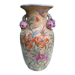 Vintage Chinese Ceramic Vase W/Butterflies, Flowers & Pomegranate Fruit Handles For Sale