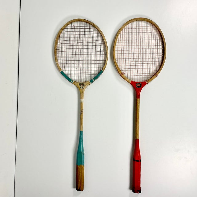 1950s 1950s Vintage Boho Chic Wood Badminton Rackets - Set of 2. For Sale - Image 5 of 9
