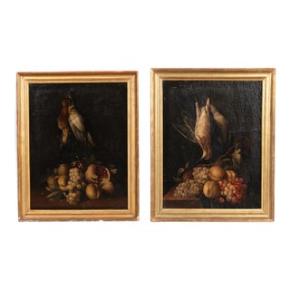 Late 18th Century Pair of Original Oil on Canvas Still Life Paintings of Fruit and Fowl For Sale