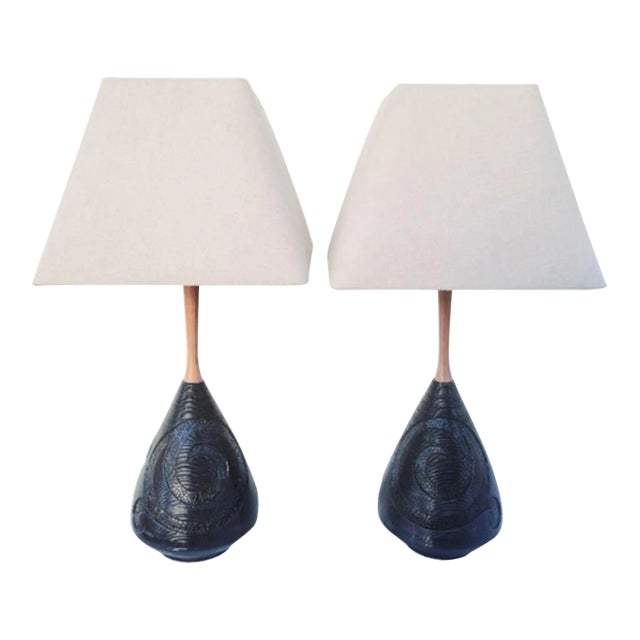 Vintage Mid Century Modern Gloss Swirl Brown Teak Wood Neck Tall Table Lamps W/Box Shades - a Pair For Sale