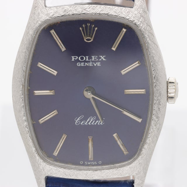 18K Rolex Cellini Ladies 23mm 1974 w/ Blue Leather Strap 7" Adjustable ; 7/10 Vintage Condition (Dial Fading) A 1974...