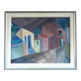 Mid-Century Modern 'Cubist Street' Swedish Original Geometric Street Scene Oil Painting - Framed For Sale