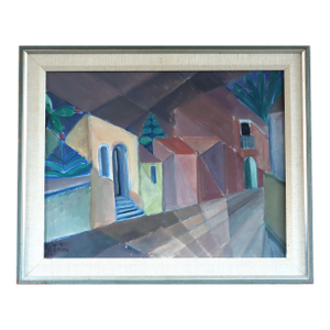 Mid-Century Modern 'Cubist Street' Swedish Original Geometric Street Scene Oil Painting - Framed