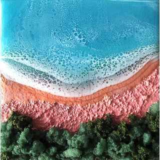 Here on the Beach #7 by Ana Hefco | Mixed Media on Wood Beach scene with waves and greenery. For Sale