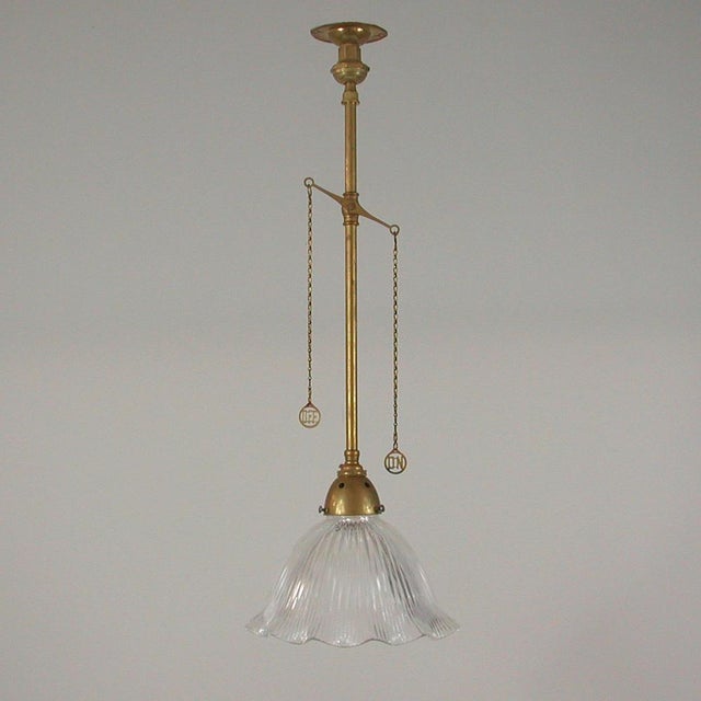 Art Deco Holophane Glass and Aged Brass Pendants, 1920s, Set of 2 For Sale - Image 3 of 18