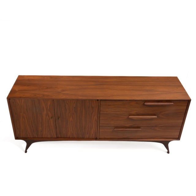 Wood Mid Century Sculptural Walnut Bedroom Set Tall Chest Dresser Two Nightstands Made in Japan 1960s For Sale - Image 7 of 18