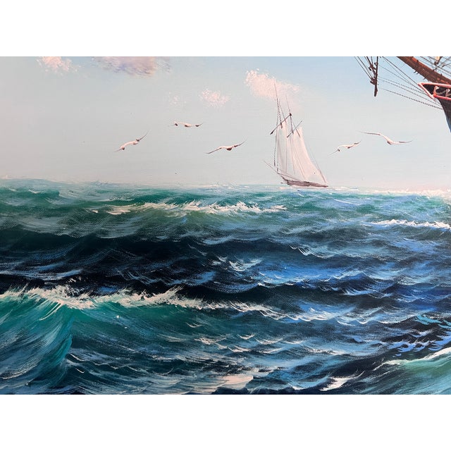 Large Original Oil Painting on Canvas | Sailing Ship Seascape | Signed & Framed For Sale - Image 9 of 11