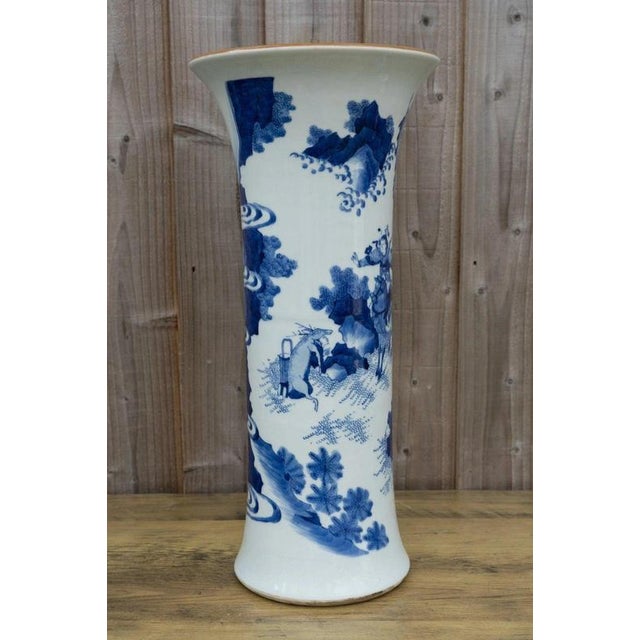 Chinese Blue and White Porcelain Sleeve Vase with Warriors and Military Procession For Sale - Image 4 of 18