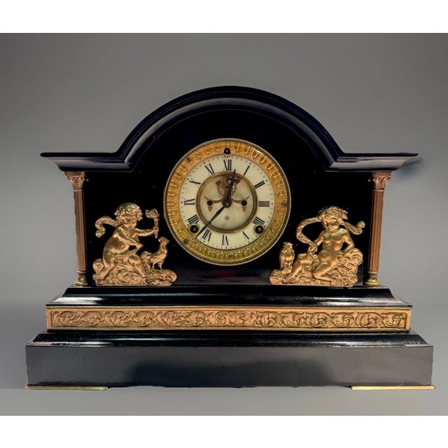 Ansonia Clock Company Antique Ansonia Black Mantel Clock “Verona” Model With Open Escapement For Sale - Image 4 of 12