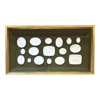 Gilt Framed White Plaster Grand Tour Intaglios / Cameos on Moss Green Velvet For Sale