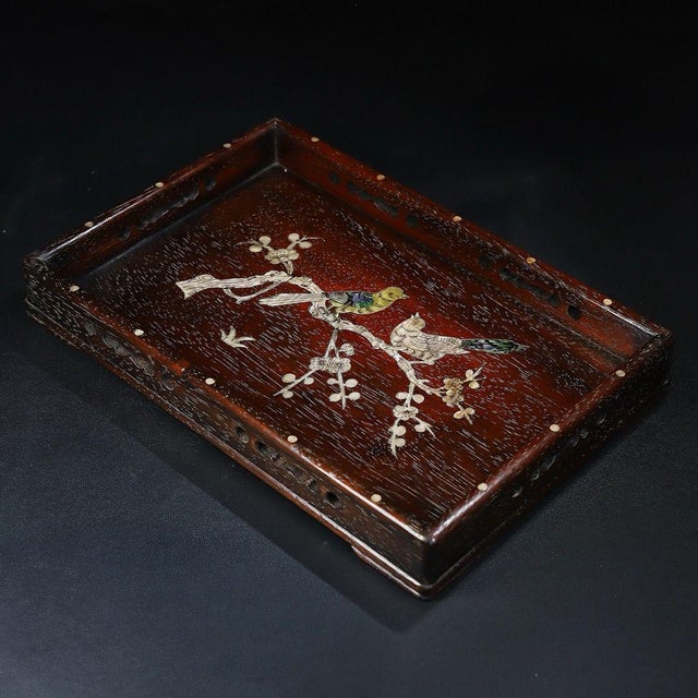 Wooden Tea Tray With Mother-of-Pearl Bird and Blossom Inlay For Sale - Image 4 of 9