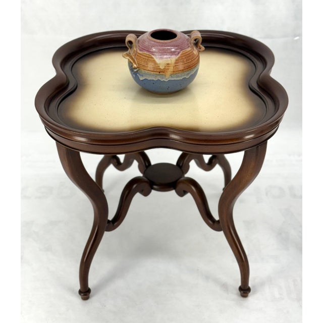 Pair Mahogany Clover Shape Light Cream Leather Top Lamp End Tables Stands For Sale - Image 9 of 12