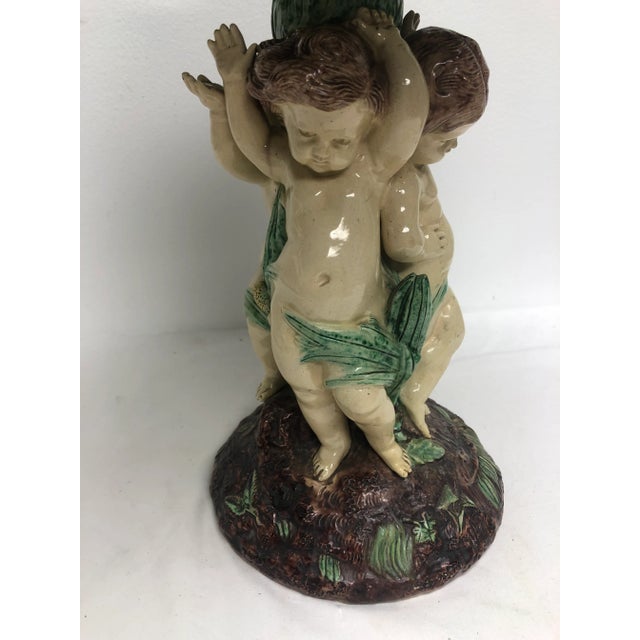 Neoclassical Antique Majolica Cherub Pedestal Centerpiece For Sale - Image 3 of 9