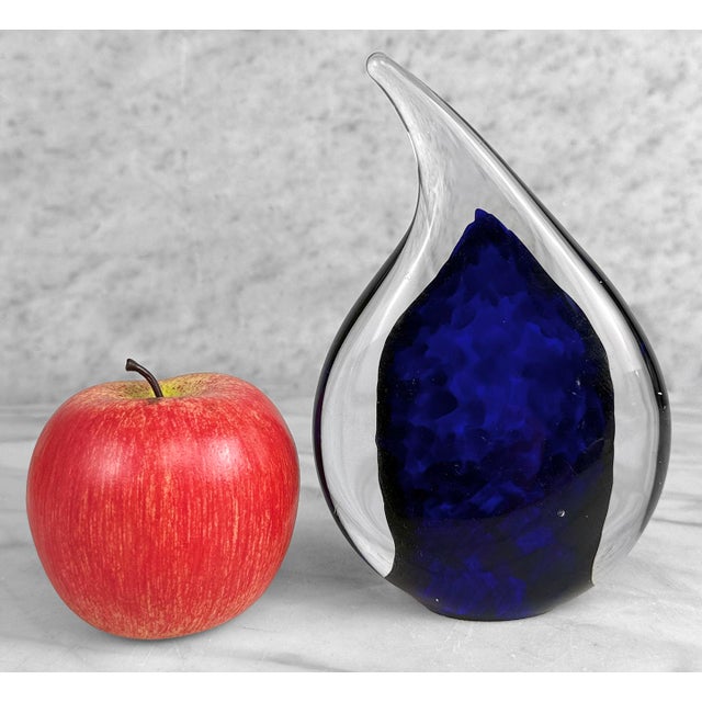 - Original Late 20th Century Art Glass Water Drop Paperweight - Unsigned or Marked - Heavily Polished with Deep Blue Core...