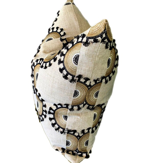 Art Deco Linen and Black Toned Embroidered Pillows - A Pair For Sale - Image 3 of 6