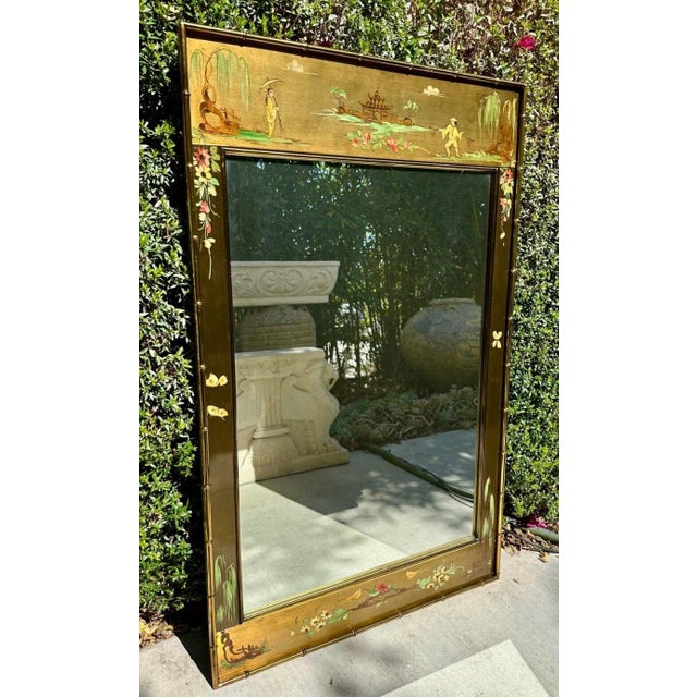 LaBarge Italian Chinoiserie Hand-Painted Brass Bamboo Framed Mirror, 1970s For Sale - Image 10 of 12