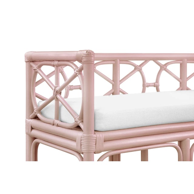 Feguson Pink Rattan Linen Cushioned Bench For Sale In New York - Image 6 of 7