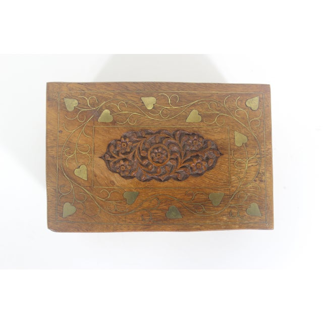Vintage Carved Wood Box, Brass Inlay Indian Indo, Lidded, Wooden Carving, Floral Hinged Lid Box, Brown Wood Trinket, Jewelry, Stash Heart For Sale - Image 6 of 10