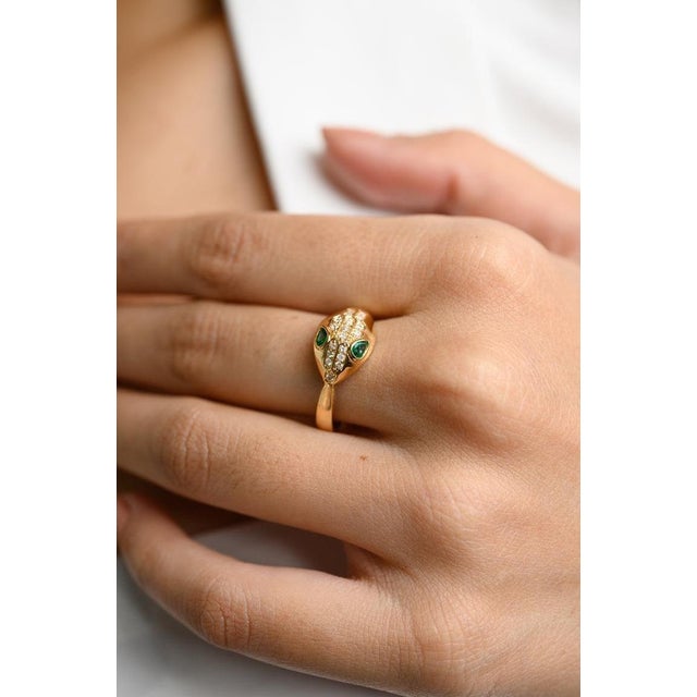 Statement Diamond and Natural Emerald Snake Head Ring Size 9.5 For Sale - Image 4 of 7