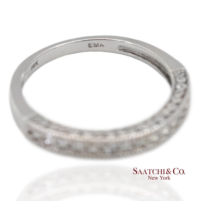 Metal 14k 585 Solid White Gold Side Engraving Milgrain Natural Diamond Band Ring, Size 6 For Sale - Image 7 of 13