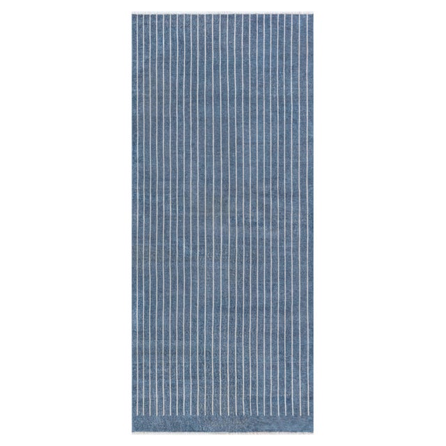 Modern Hand-Knotted Wool Pile Runner in Striped Blue by Doris Leslie Blau For Sale