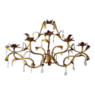 Large Antique Florentine Italian Gilt Tole 5-Light Wall Sconce With Drippy Crystals For Sale