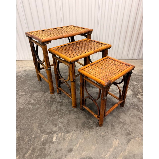 Wood Vintage Chinoiserie Burnt Bamboo, Cane Nesting Tables - Set of 3 For Sale - Image 7 of 9