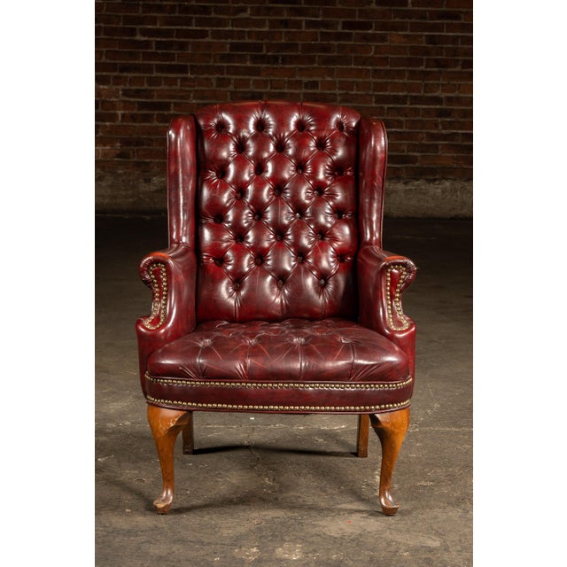 Traditional Vintage Tufted Leather Wingback Chesterfield Armchair in Oxblood For Sale - Image 3 of 14