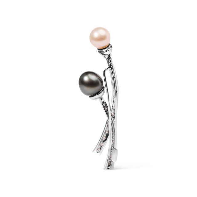 Contemporary Hause of Brilliance 18K White Gold 3/5 Cttw Diamond and Cultured South Sea Black and White Pearl Bro For Sale - Image 3 of 5