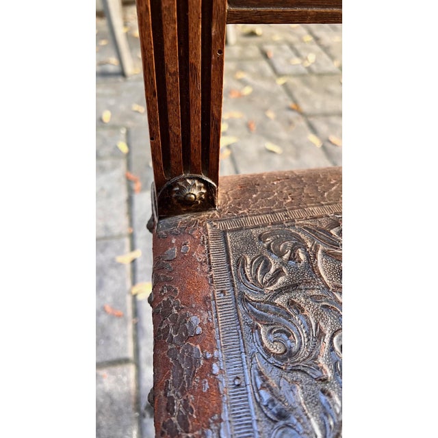 Brown Set of 6 Antique Late 1800s French Henri II Walnut Dining Chairs With Leather Upholstery For Sale - Image 8 of 12