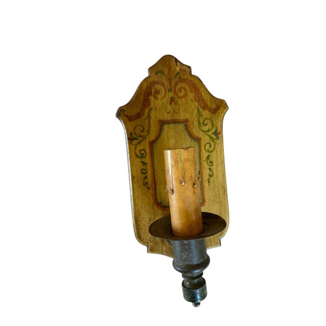 Early 20th Century Wood Painted Wall Sconces With Brass Holders and Original Patina - a Pair For Sale - Image 4 of 4