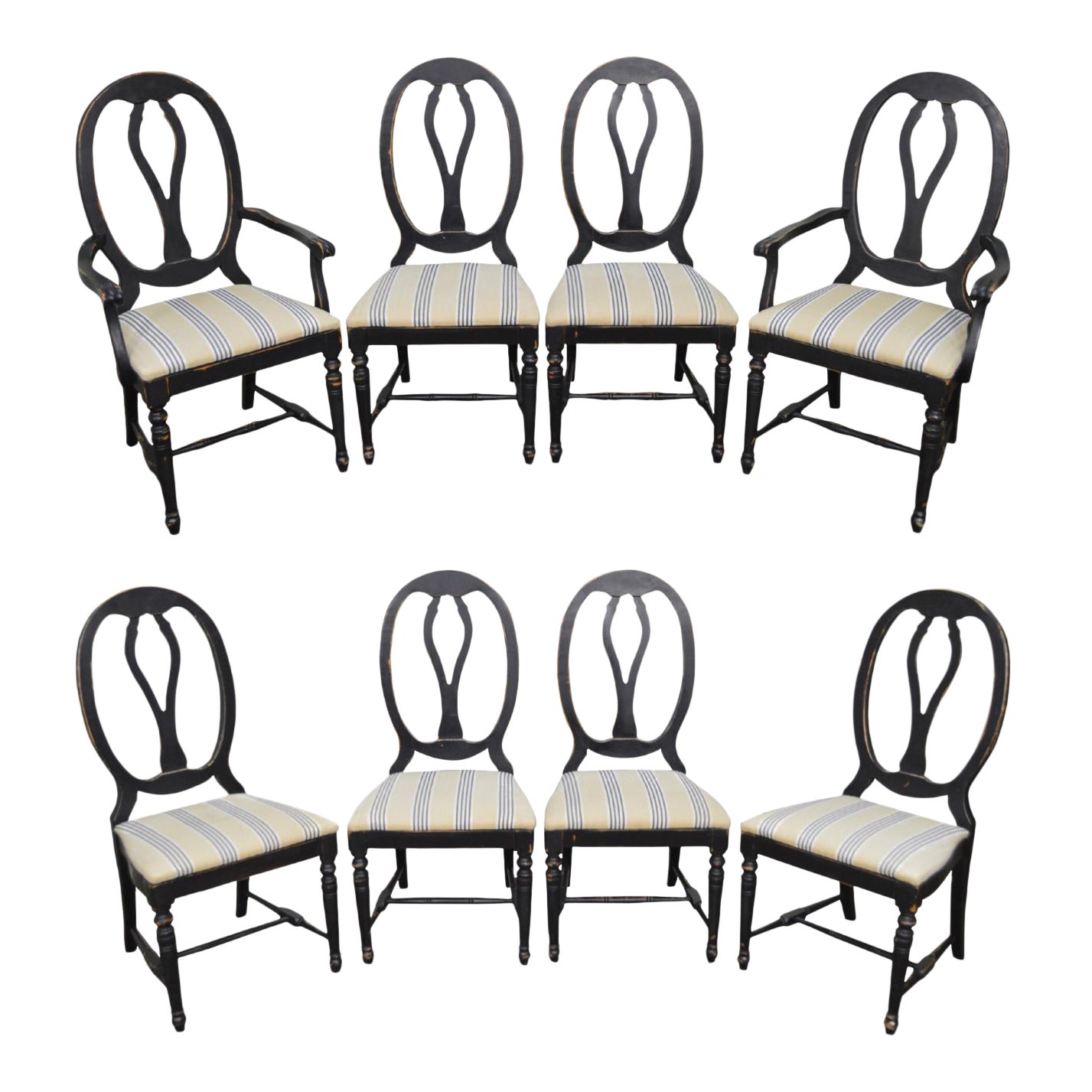 French Country Style Set of 8 Distressed Black Painted ...