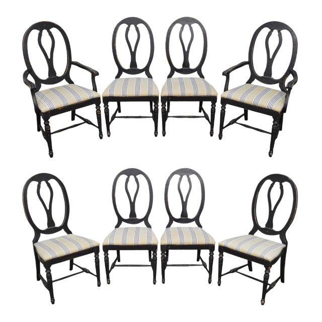 French Country Style Set of 8 Distressed Black Painted Dining Chairs ...