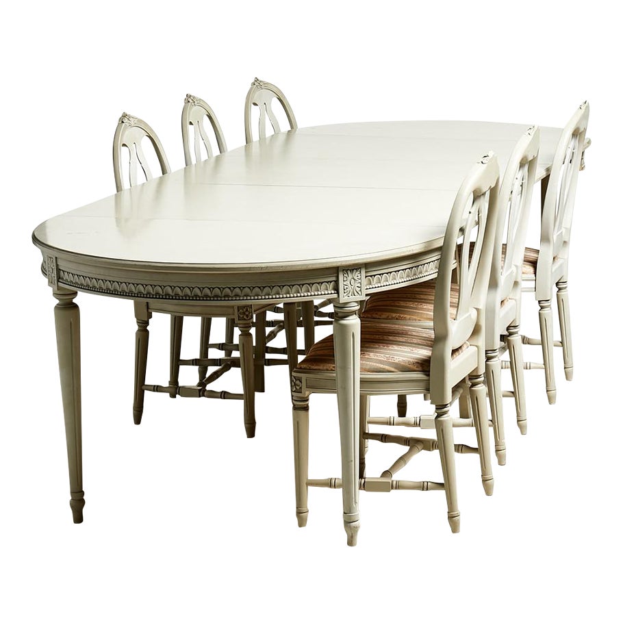 20th Century Swedish Gustavian Pinewood Dining Table Set With Six Side