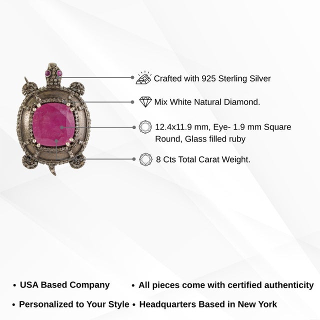 Antique Style 8 Ct Ruby & Diamond Pavé Figural Lucky Turtle Statement Brooch Pin Pendant For Sale - Image 12 of 14