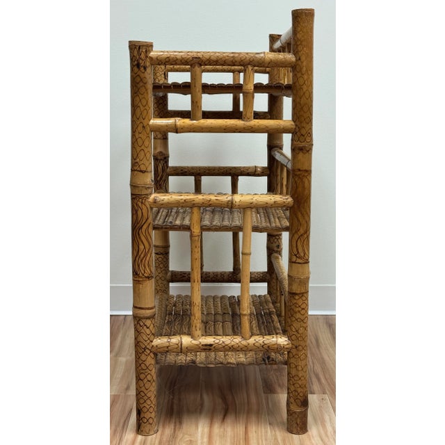 Brown Vintage Scorched Bamboo Three Tier Etagere Shelf For Sale - Image 8 of 11