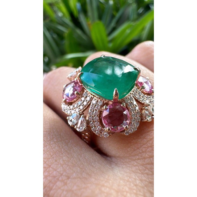 Modern Set in 18k Rose Gold, Emerald, Pink Sapphires & Rose Cut Diamonds Cocktail Ring, Size 6.5 For Sale - Image 3 of 12