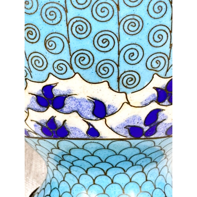 Mid-20th Century Chinese Blue & White Cloisonné Brass Vases - A Pair For Sale In New Orleans - Image 6 of 8