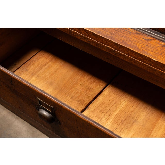 Brown Antique Oak Mercantile Cabinet With Japanned Copper Hardware For Sale - Image 8 of 10