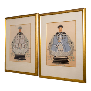 Pair Vintage Chinese Ancestral Painted on Silk Framed Portraits