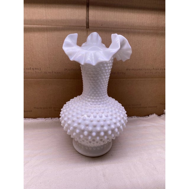 Vintage MCM Fenton White Milk Glass Hobnail Ruffled Crimped Edge Vase 11" For Sale In Houston - Image 6 of 7