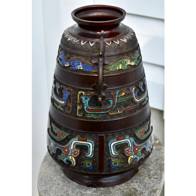1920s Antique Japanese Shaped Vase Bronze & Champleve Enamel Base For Sale - Image 5 of 12