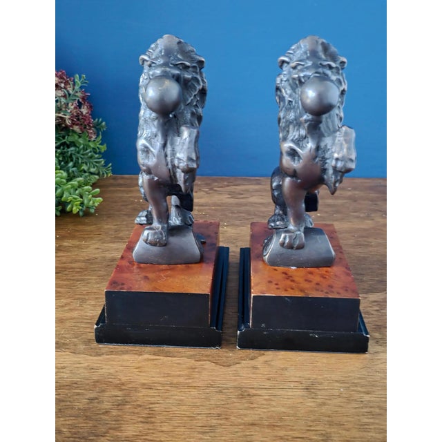 Antique Bronze & Wood Lion Bookend Pair For Sale - Image 14 of 18